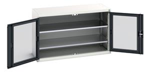 verso window door cupboard with 2 shelves. WxDxH: 1300x550x800mm. RAL 7035/5010 or selected Verso Glazed Clear View Storage Cupboards for Tools with Shelves